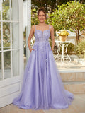 A-Line/Princess Tulle Applique Straps Sleeveless Court Train Dresses Prom Evening Dress