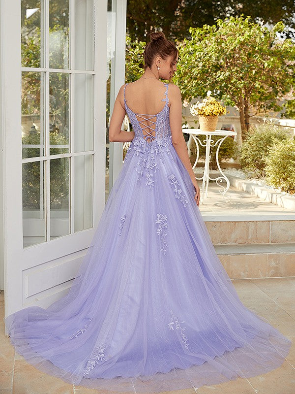 A-Line/Princess Tulle Applique Straps Sleeveless Court Train Dresses Prom Evening Dress