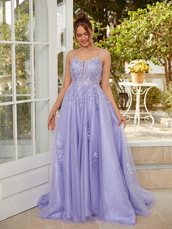 A-Line/Princess Tulle Applique Straps Sleeveless Court Train Dresses Prom Evening Dress