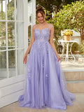 A-Line/Princess Tulle Applique Straps Sleeveless Court Train Dresses Prom Evening Dress