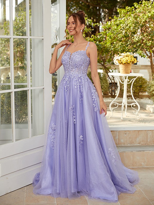 A-Line/Princess Tulle Applique Straps Sleeveless Court Train Dresses Prom Evening Dress