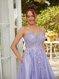A-Line/Princess Tulle Applique Straps Sleeveless Court Train Dresses Prom Evening Dress