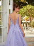 A-Line/Princess Tulle Applique Straps Sleeveless Court Train Dresses Prom Evening Dress