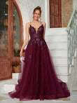 A-Line/Princess Tulle Applique V-neck Sleeveless Court Train Dresses Prom Evening Dress
