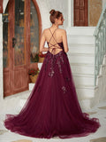 A-Line/Princess Tulle Applique V-neck Sleeveless Court Train Dresses Prom Evening Dress