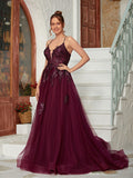 A-Line/Princess Tulle Applique V-neck Sleeveless Court Train Dresses Prom Evening Dress