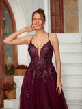 A-Line/Princess Tulle Applique V-neck Sleeveless Court Train Dresses Prom Evening Dress