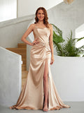 Sheath/Column Silk like Satin Ruched Spaghetti Straps Sleeveless Court Train Dresses Prom Evening Dress