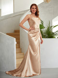 Sheath/Column Silk like Satin Ruched Spaghetti Straps Sleeveless Court Train Dresses Prom Evening Dress