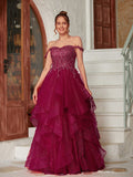 A-Line/Princess Applique Off-the-Shoulder Sleeveless Floor-Length Dresses Prom Evening Dress Ball Gowns