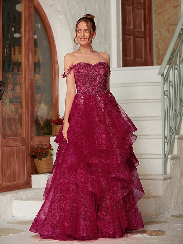 A-Line/Princess Applique Off-the-Shoulder Sleeveless Floor-Length Dres – kingbridals