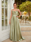 A-Line/Princess Silk like Satin Ruched Spaghetti Straps Sleeveless Sweep/Brush Train Dresses Prom Evening Dress