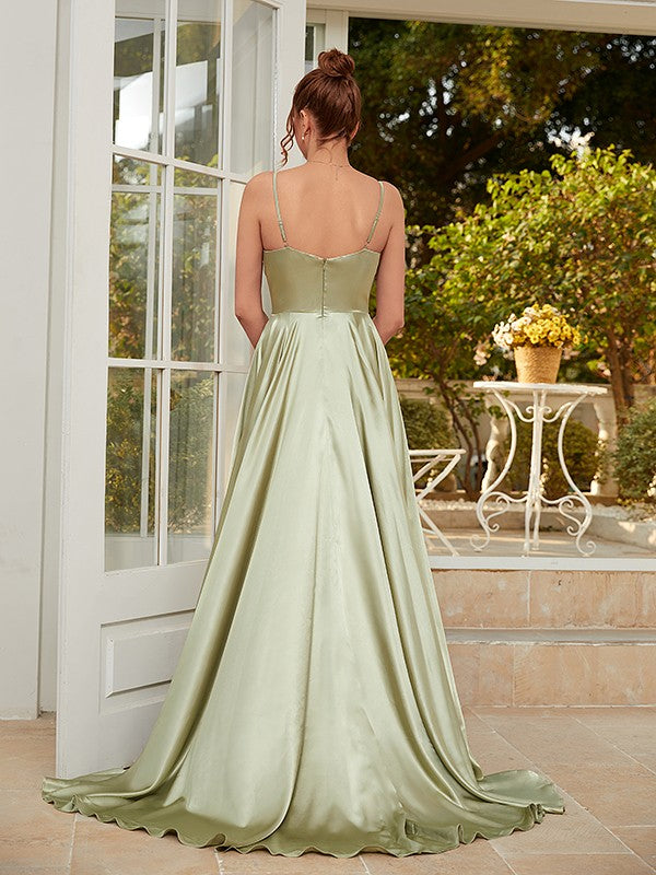 A-Line/Princess Silk like Satin Ruched Spaghetti Straps Sleeveless Sweep/Brush Train Dresses Prom Evening Dress