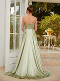 A-Line/Princess Silk like Satin Ruched Spaghetti Straps Sleeveless Sweep/Brush Train Dresses Prom Evening Dress