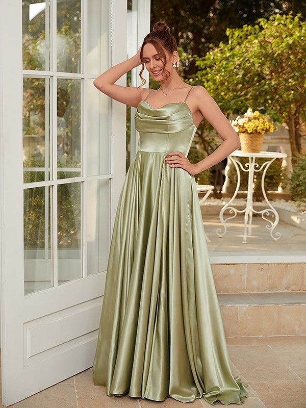 A-Line/Princess Silk like Satin Ruched Spaghetti Straps Sleeveless Sweep/Brush Train Dresses Prom Evening Dress