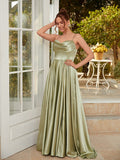 A-Line/Princess Silk like Satin Ruched Spaghetti Straps Sleeveless Sweep/Brush Train Dresses Prom Evening Dress