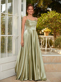 A-Line/Princess Silk like Satin Ruched Spaghetti Straps Sleeveless Sweep/Brush Train Dresses Prom Evening Dress