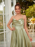 A-Line/Princess Silk like Satin Ruched Spaghetti Straps Sleeveless Sweep/Brush Train Dresses Prom Evening Dress