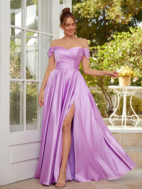 A-Line/Princess Silk like Satin Ruched Off-the-Shoulder Sleeveless Floor-Length Dresses Prom Evening Dress
