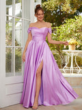 A-Line/Princess Silk like Satin Ruched Off-the-Shoulder Sleeveless Floor-Length Dresses Prom Evening Dress