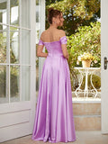 A-Line/Princess Silk like Satin Ruched Off-the-Shoulder Sleeveless Floor-Length Dresses Prom Evening Dress
