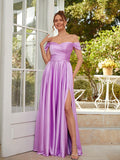 A-Line/Princess Silk like Satin Ruched Off-the-Shoulder Sleeveless Floor-Length Dresses Prom Evening Dress
