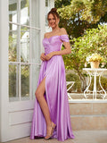 A-Line/Princess Silk like Satin Ruched Off-the-Shoulder Sleeveless Floor-Length Dresses Prom Evening Dress