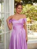A-Line/Princess Silk like Satin Ruched Off-the-Shoulder Sleeveless Floor-Length Dresses Prom Evening Dress