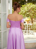 A-Line/Princess Silk like Satin Ruched Off-the-Shoulder Sleeveless Floor-Length Dresses Prom Evening Dress