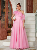 A-Line/Princess Organza Ruffles One-Shoulder Sleeveless Floor-Length Evening Dresses Prom Dress