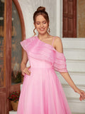 A-Line/Princess Organza Ruffles One-Shoulder Sleeveless Floor-Length Evening Dresses Prom Dress