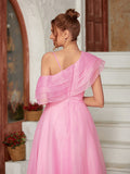 A-Line/Princess Organza Ruffles One-Shoulder Sleeveless Floor-Length Evening Dresses Prom Dress
