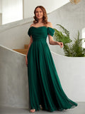 A-Line/Princess 30D Chiffon Ruched Off-the-Shoulder Sleeveless Floor-Length Dresses Prom Evening Dress