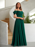 A-Line/Princess 30D Chiffon Ruched Off-the-Shoulder Sleeveless Floor-Length Dresses Prom Evening Dress