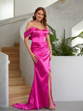 Sheath/Column Silk like Satin Ruched Off-the-Shoulder Sleeveless Sweep/Brush Train Dresses Prom Evening Dress