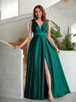 A-Line/Princess Silk like Satin Ruched V-neck Sleeveless Floor-Length Dresses Prom Evening Dress