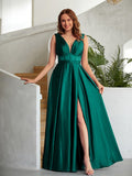 A-Line/Princess Silk like Satin Ruched V-neck Sleeveless Floor-Length Dresses Prom Evening Dress