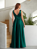 A-Line/Princess Silk like Satin Ruched V-neck Sleeveless Floor-Length Dresses Prom Evening Dress