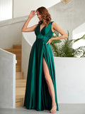 A-Line/Princess Silk like Satin Ruched V-neck Sleeveless Floor-Length Dresses Prom Evening Dress