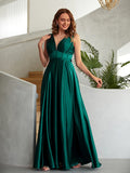 A-Line/Princess Silk like Satin Ruched V-neck Sleeveless Floor-Length Dresses Prom Evening Dress