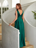 A-Line/Princess Silk like Satin Ruched V-neck Sleeveless Floor-Length Dresses Prom Evening Dress