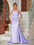Sheath/Column Charmeuse Ruched Strapless Sleeveless Court Train Dresses Prom Evening Dress