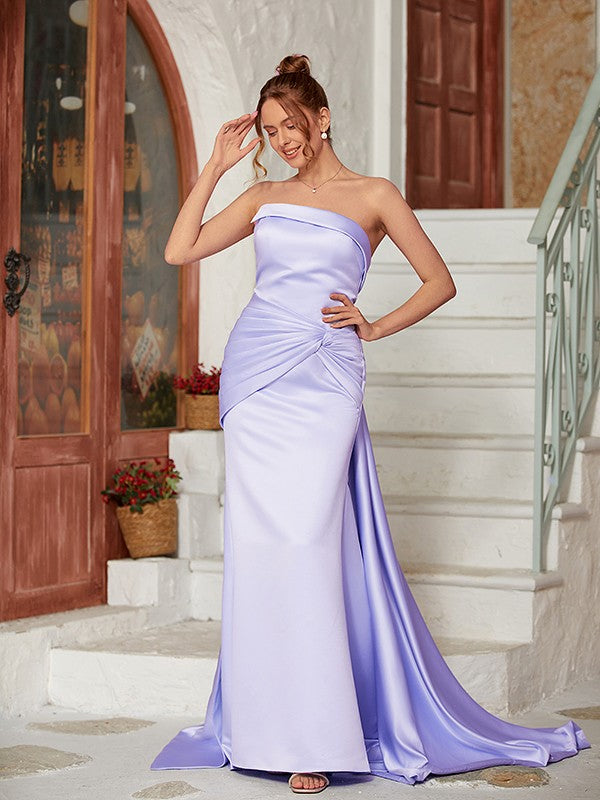 Sheath/Column Charmeuse Ruched Strapless Sleeveless Court Train Dresses Prom Evening Dress