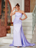 Sheath/Column Charmeuse Ruched Strapless Sleeveless Court Train Dresses Prom Evening Dress