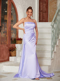 Sheath/Column Charmeuse Ruched Strapless Sleeveless Court Train Dresses Prom Evening Dress