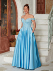 A-Line/Princess Satin Lace Off-the-Shoulder Sleeveless Floor-Length Dresses Prom Evening Dress