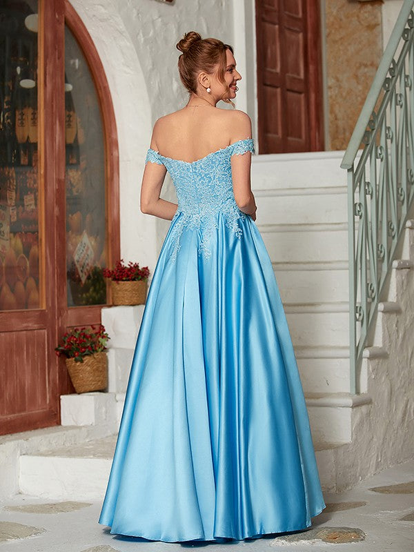 A-Line/Princess Satin Lace Off-the-Shoulder Sleeveless Floor-Length Dresses Prom Evening Dress