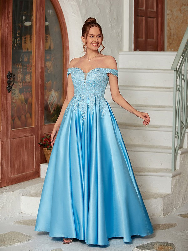 A-Line/Princess Satin Lace Off-the-Shoulder Sleeveless Floor-Length Dresses Prom Evening Dress