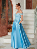 A-Line/Princess Satin Lace Off-the-Shoulder Sleeveless Floor-Length Dresses Prom Evening Dress