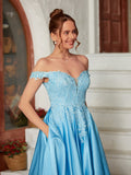 A-Line/Princess Satin Lace Off-the-Shoulder Sleeveless Floor-Length Dresses Prom Evening Dress